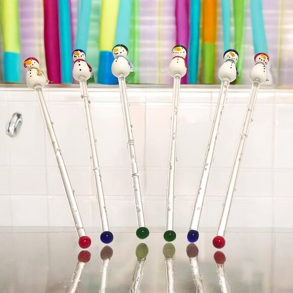 Glass Swizzle Sticks Set-6 Frosty Snowman Holiday's Barware Collection Boston - Picture 3 of 12